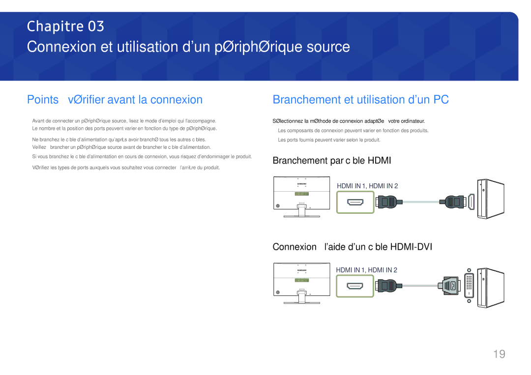 Samsung LU28E570DS/EN manual Connexion et utilisation dun périphérique source, Points à vérifier avant la connexion 