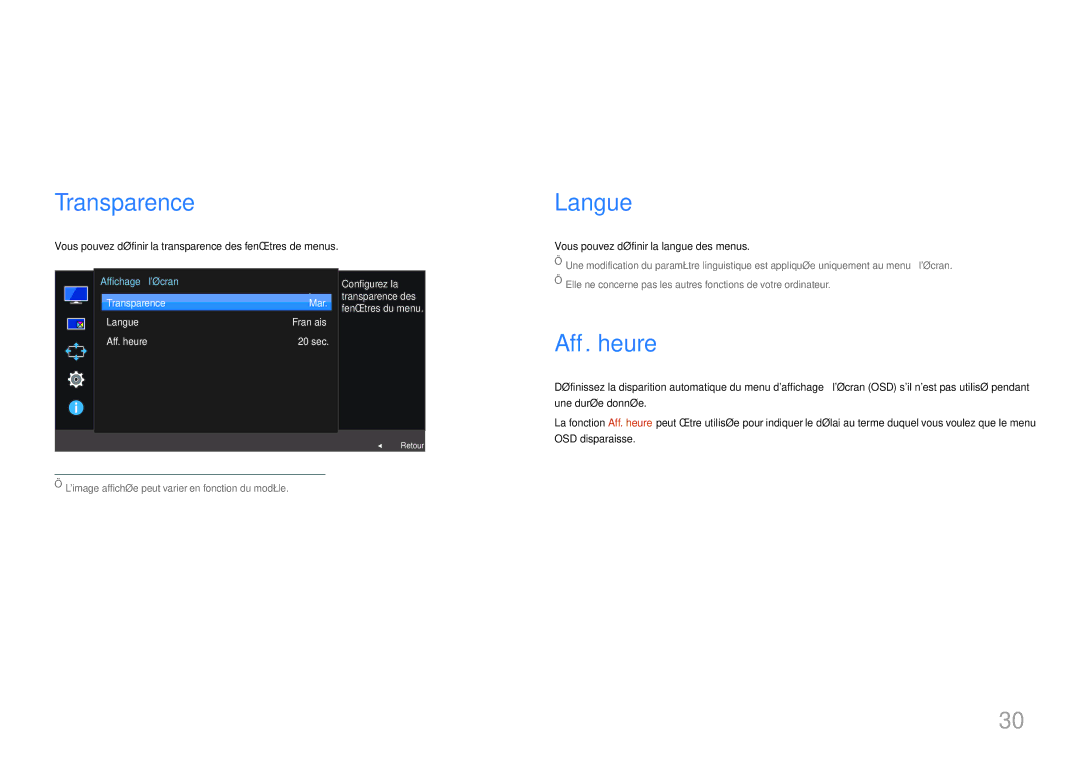Samsung LU28E570DS/EN manual Ajustement des paramètres OSD Affichage sur écran, Transparence, Langue, Aff. heure 