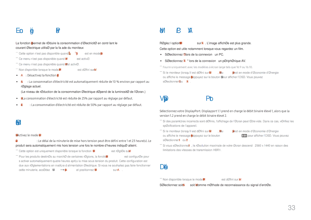 Samsung LU28E570DS/EN manual Econ. énergie Plus, Minuterie OFF, Mode PC/AV, Version DisplayPort, Détection source 