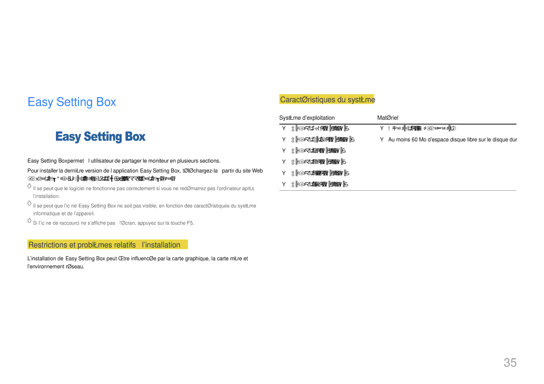 Samsung LU28E570DS/EN manual Installation du logiciel, Easy Setting Box, Système dexploitation Matériel 