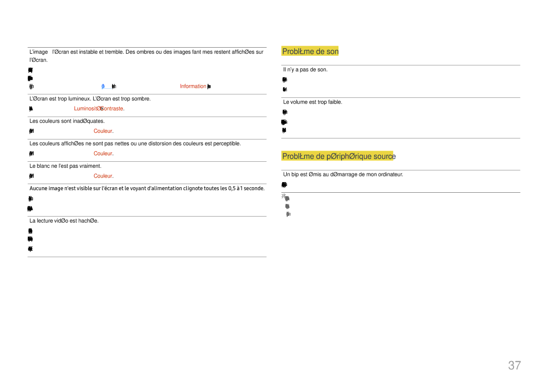 Samsung LU28E570DS/EN Lécran est trop lumineux. Lécran est trop sombre, Les couleurs sont inadéquates, Il ny a pas de son 