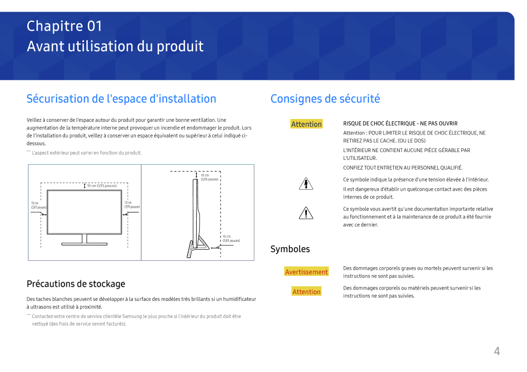 Samsung LU28E570DS/EN manual Avant utilisation du produit, Sécurisation de lespace dinstallation, Symboles 