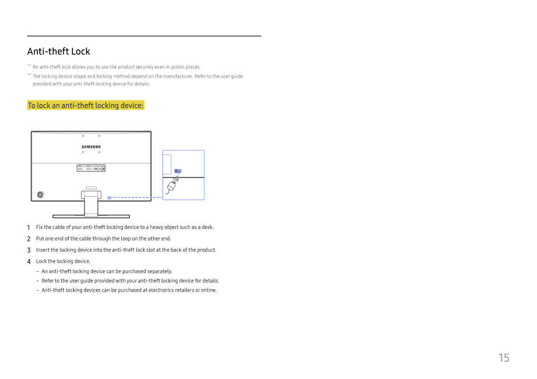 Samsung LU28E570DS/EN manual Anti-theft Lock, To lock an anti-theft locking device 