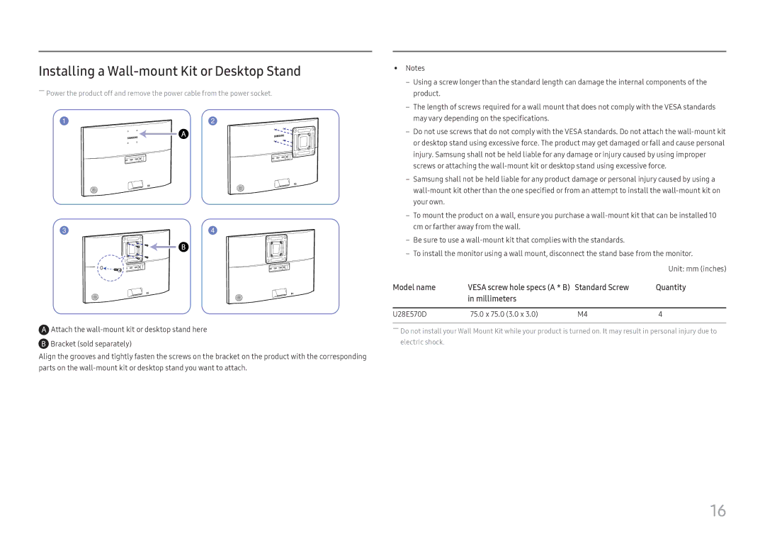 Samsung LU28E570DS/EN manual Installing a Wall-mount Kit or Desktop Stand, Model name, Standard Screw Quantity Millimeters 