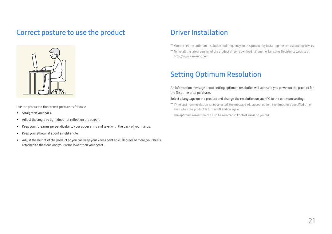 Samsung LU28E570DS/EN manual Correct posture to use the product, Driver Installation, Setting Optimum Resolution 