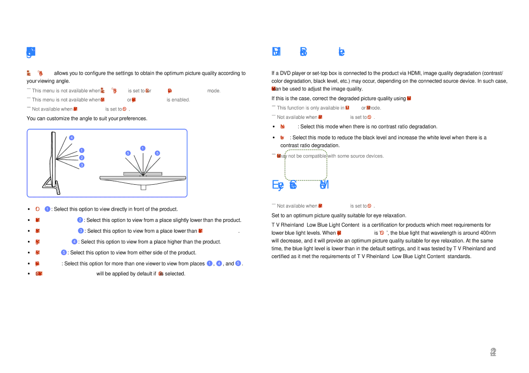 Samsung LU28E570DS/EN manual Samsung Magic Angle, Hdmi Black Level, Eye Saver Mode 