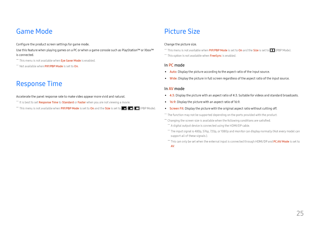 Samsung LU28E570DS/EN manual Game Mode, Response Time, Picture Size 