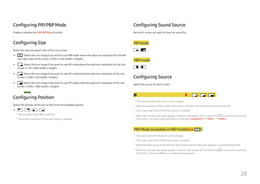 Samsung LU28E570DS/EN manual Configuring PIP/PBP Mode, Configuring Size, Configuring Position, Configuring Source 