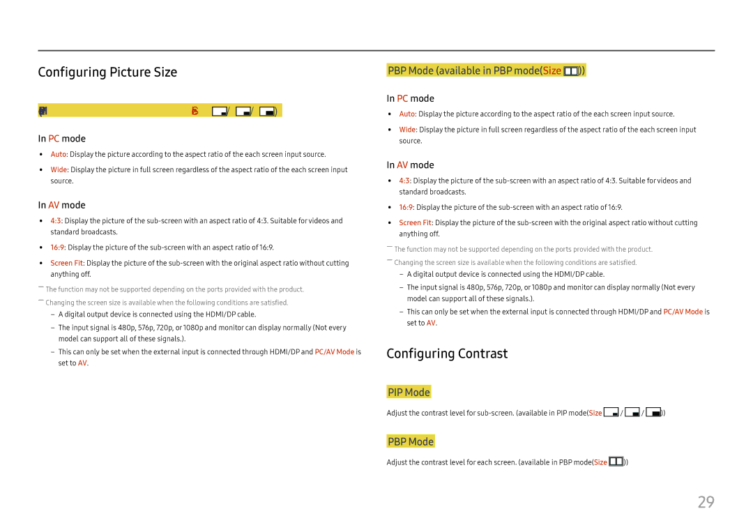 Samsung LU28E570DS/EN manual Configuring Picture Size, Configuring Contrast, PIP Mode available in PIP mode Size 