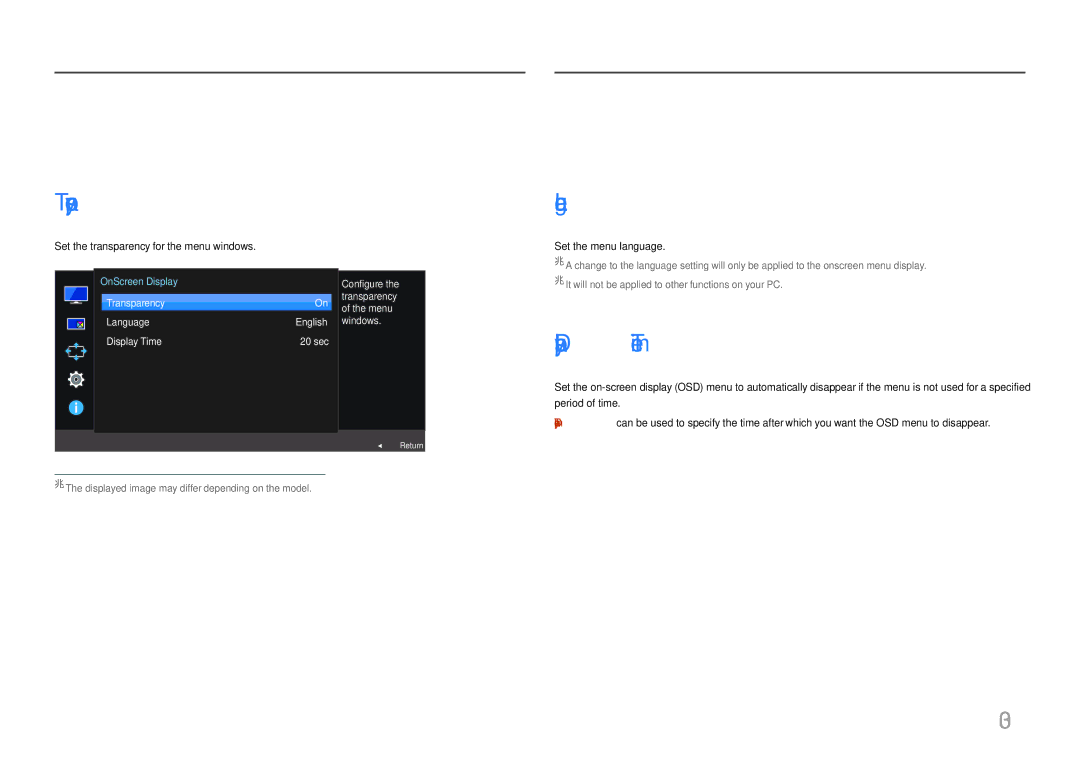 Samsung LU28E570DS/EN manual Adjusting OSD On Screen Display settings, Transparency, Language, Display Time 