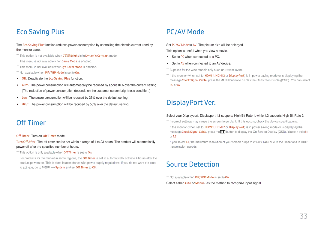 Samsung LU28E570DS/EN manual Eco Saving Plus, Off Timer, PC/AV Mode, DisplayPort Ver, Source Detection 