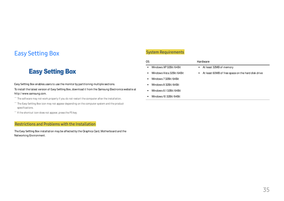 Samsung LU28E570DS/EN Installing the Software, Easy Setting Box, Restrictions and Problems with the Installation, Hardware 