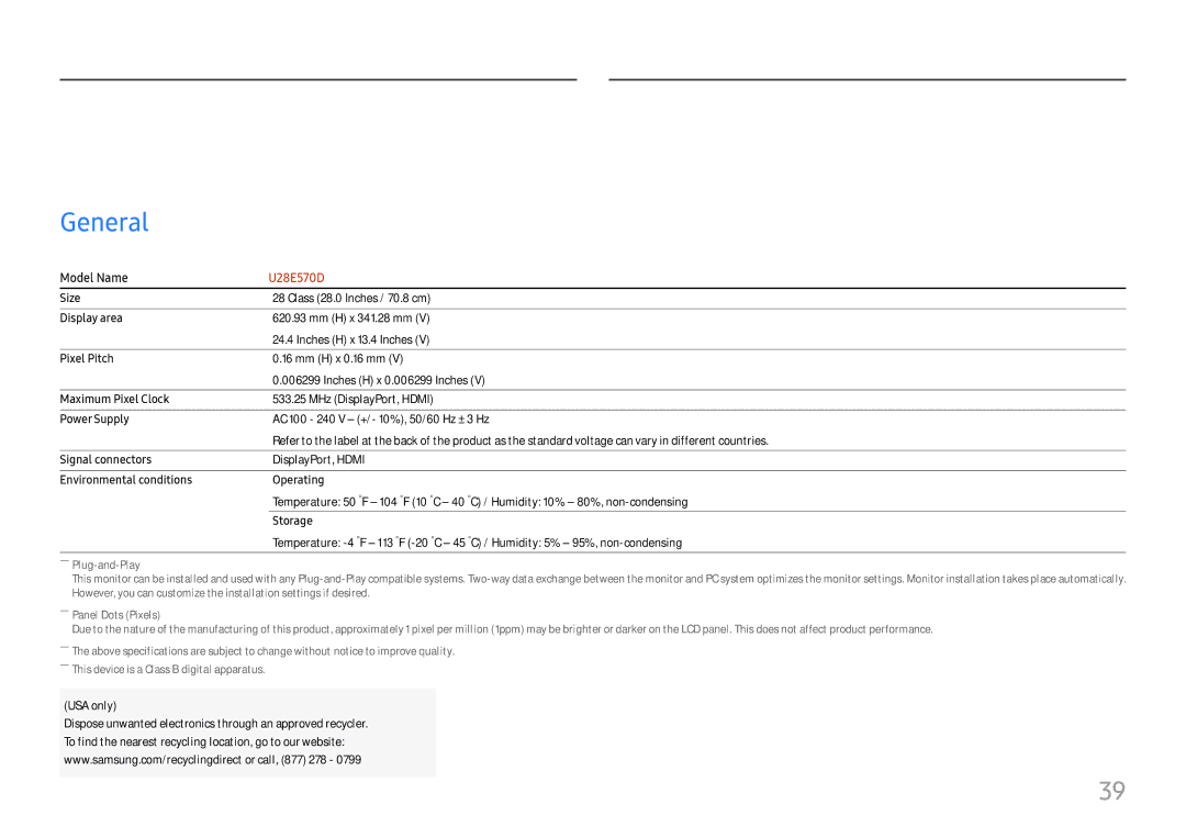 Samsung LU28E570DS/EN manual Specifications, General 