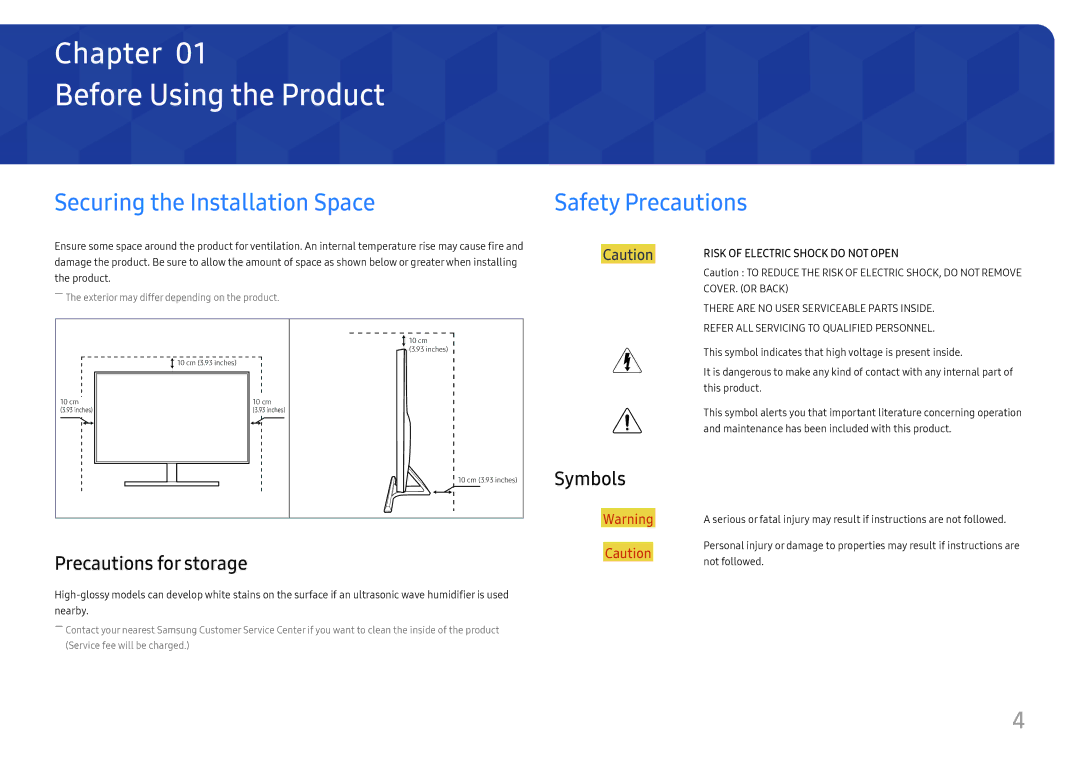 Samsung LU28E570DS/EN manual Before Using the Product, Securing the Installation Space, Safety Precautions, Symbols 