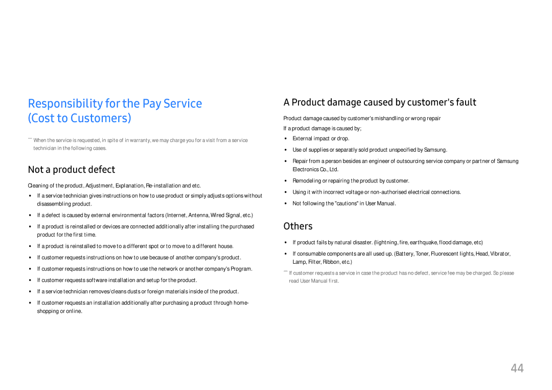 Samsung LU28E570DS/EN manual Appendix, Responsibility for the Pay Service Cost to Customers, Not a product defect, Others 