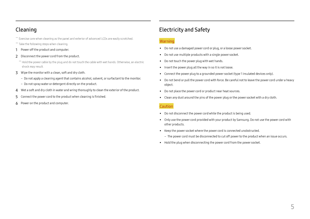 Samsung LU28E570DS/EN manual Cleaning, Electricity and Safety 