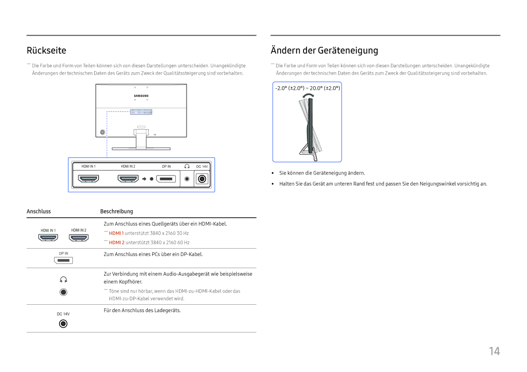 Samsung LU28E570DS/EN manual Rückseite, Ändern der Geräteneigung, AnschlussBeschreibung 