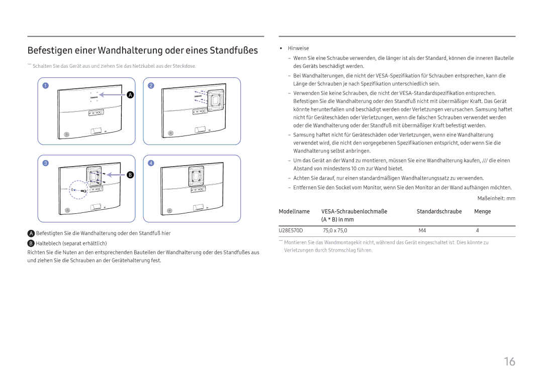 Samsung LU28E570DS/EN manual Modellname VESA-Schraubenlochmaße Standardschraube Menge, U28E570D 75,0 x 75,0 