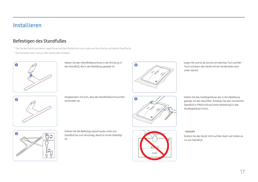 Samsung LU28E570DS/EN manual Installieren, Befestigen des Standfußes, Vorsicht 