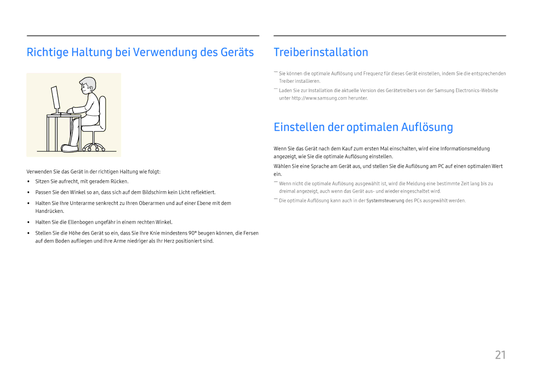 Samsung LU28E570DS/EN manual Einstellen der optimalen Auflösung, Richtige Haltung bei Verwendung des Geräts 