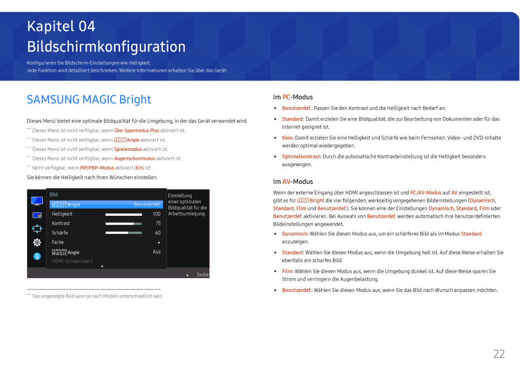 Samsung LU28E570DS/EN manual Bildschirmkonfiguration, Samsung Magic Bright 