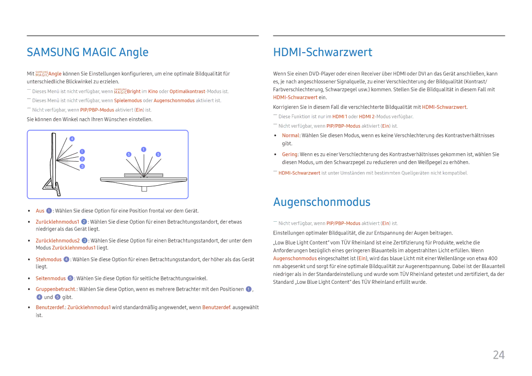 Samsung LU28E570DS/EN manual Samsung Magic Angle, HDMI-Schwarzwert, Augenschonmodus 