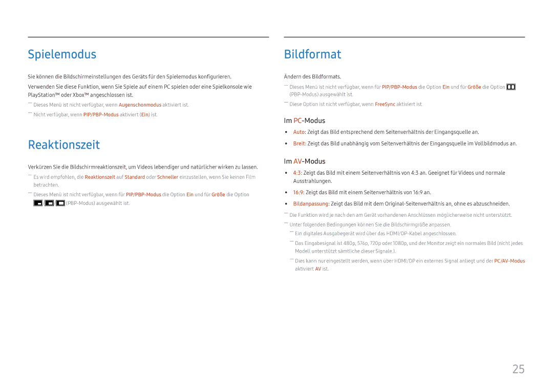 Samsung LU28E570DS/EN manual Spielemodus, Reaktionszeit, Bildformat 