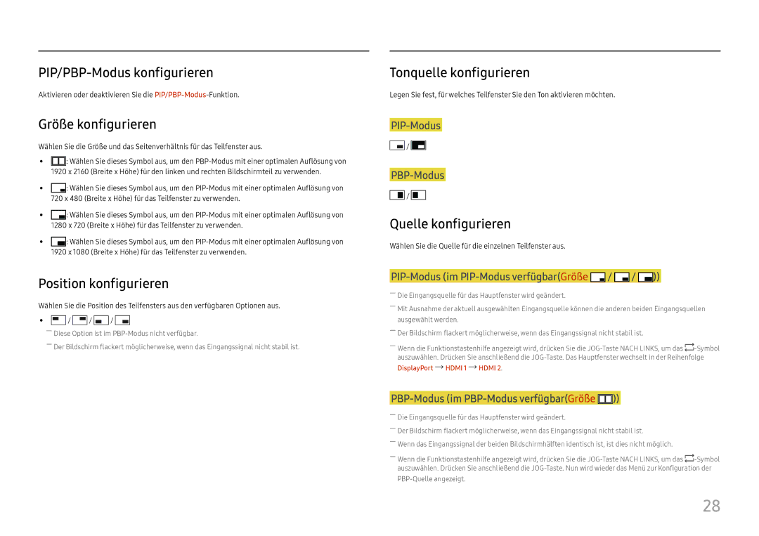 Samsung LU28E570DS/EN PIP/PBP-Modus konfigurieren, Größe konfigurieren, Position konfigurieren, Tonquelle konfigurieren 