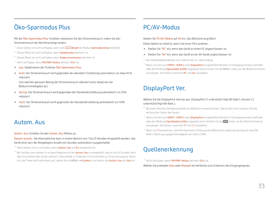 Samsung LU28E570DS/EN manual Öko-Sparmodus Plus, Autom. Aus, PC/AV-Modus, DisplayPort Ver, Quellenerkennung 