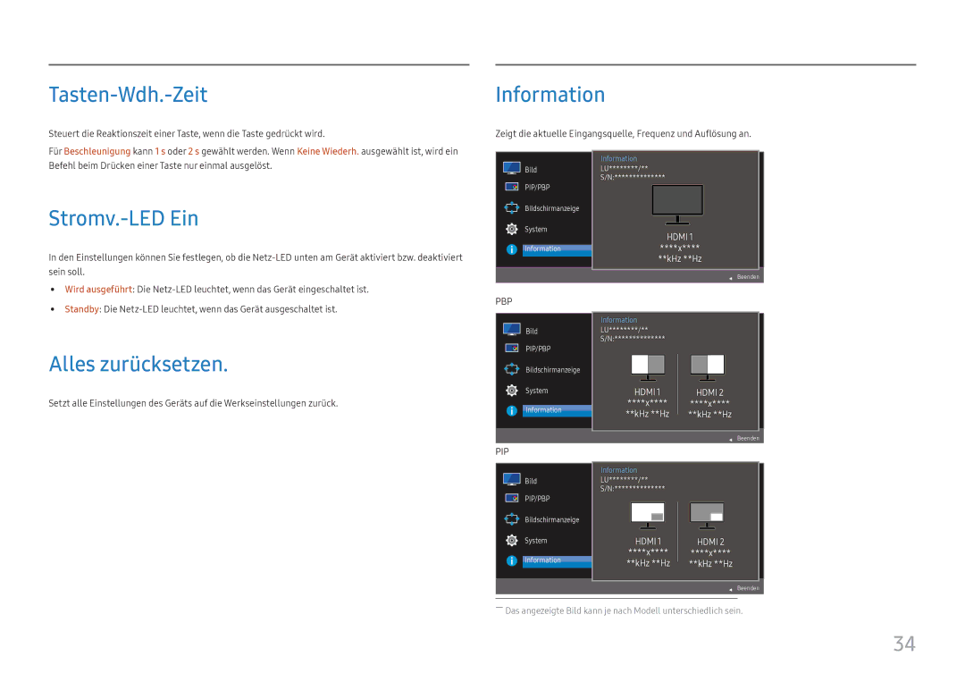 Samsung LU28E570DS/EN manual Tasten-Wdh.-Zeit, Information, Stromv.-LED Ein, Alles zurücksetzen 