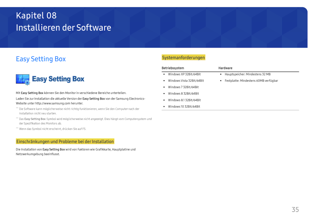 Samsung LU28E570DS/EN manual Installieren der Software, Easy Setting Box, Betriebssystem Hardware 