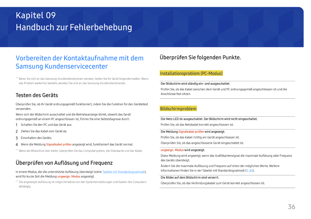 Samsung LU28E570DS/EN manual Handbuch zur Fehlerbehebung, Testen des Geräts, Überprüfen von Auflösung und Frequenz 