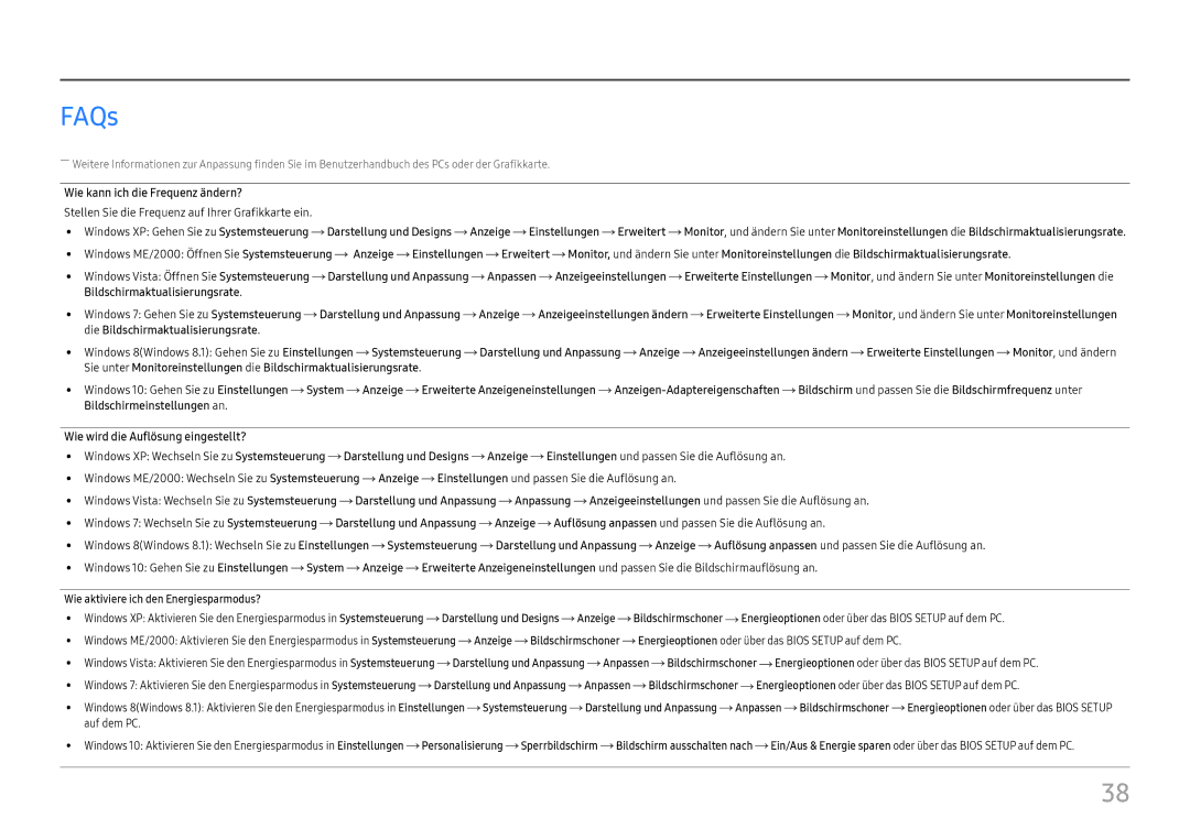 Samsung LU28E570DS/EN manual FAQs, Wie kann ich die Frequenz ändern?, Wie aktiviere ich den Energiesparmodus? 