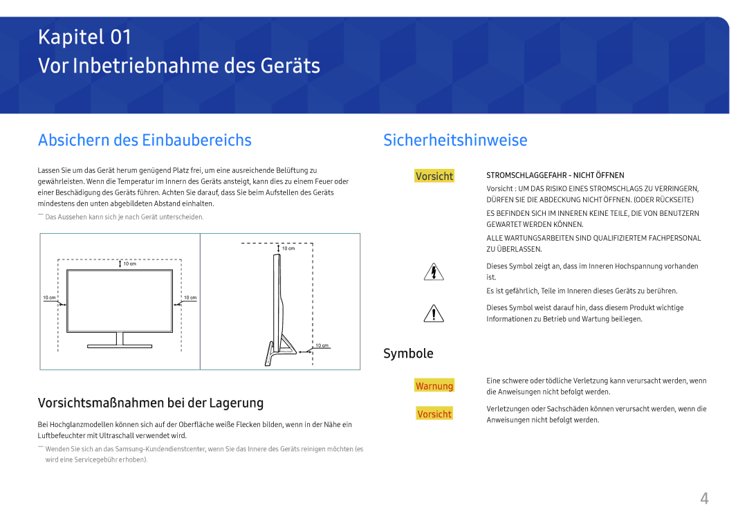 Samsung LU28E570DS/EN manual Vor Inbetriebnahme des Geräts, Absichern des Einbaubereichs, Sicherheitshinweise, Symbole 