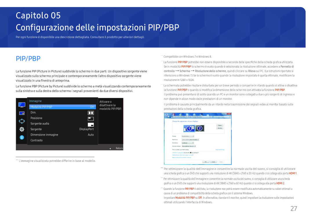 Samsung LU28E570DS/EN manual Configurazione delle impostazioni PIP/PBP, Pip/Pbp 