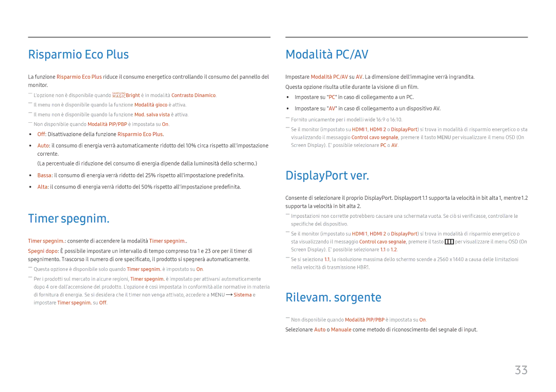 Samsung LU28E570DS/EN manual Risparmio Eco Plus, Timer spegnim, Modalità PC/AV, DisplayPort ver, Rilevam. sorgente 