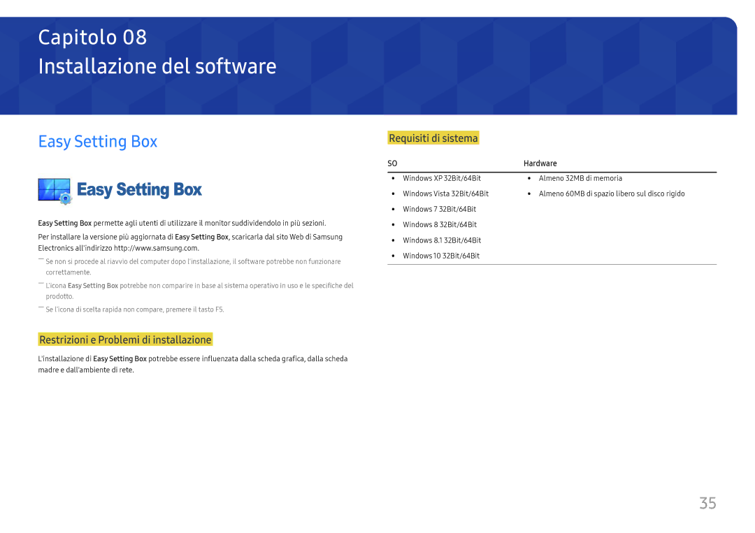 Samsung LU28E570DS/EN Installazione del software, Easy Setting Box, Restrizioni e Problemi di installazione, Hardware 