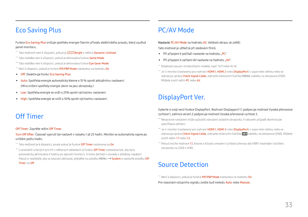 Samsung LU28E570DS/EN manual Eco Saving Plus, Off Timer, PC/AV Mode, DisplayPort Ver, Source Detection 