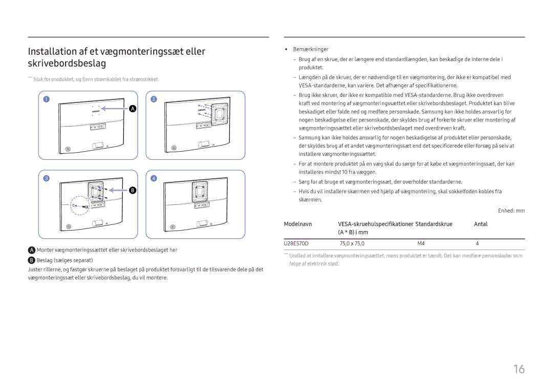 Samsung LU28E570DS/EN manual Installation af et vægmonteringssæt eller skrivebordsbeslag, Modelnavn, Antal, I mm 