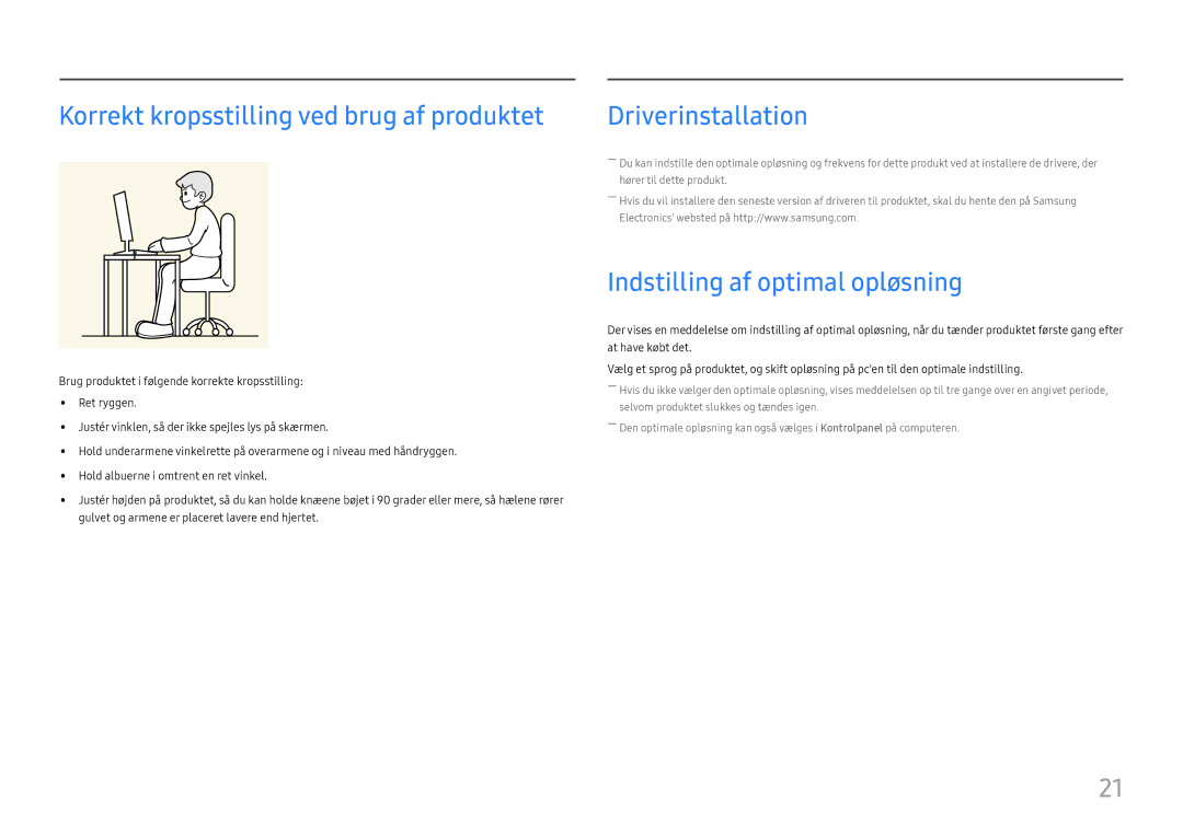 Samsung LU28E570DS/EN Korrekt kropsstilling ved brug af produktet, Driverinstallation, Indstilling af optimal opløsning 