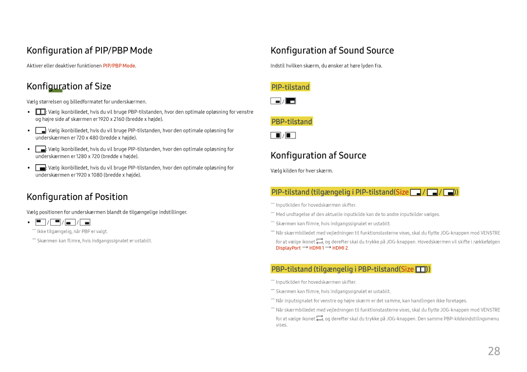 Samsung LU28E570DS/EN manual Konfiguration af PIP/PBP Mode, Konfiguration af Size, Konfiguration af Position 