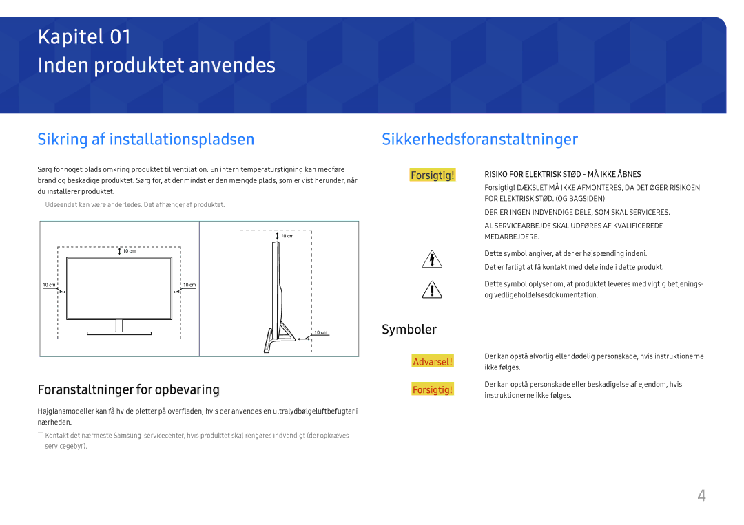 Samsung LU28E570DS/EN manual Inden produktet anvendes, Sikring af installationspladsen Sikkerhedsforanstaltninger, Symboler 