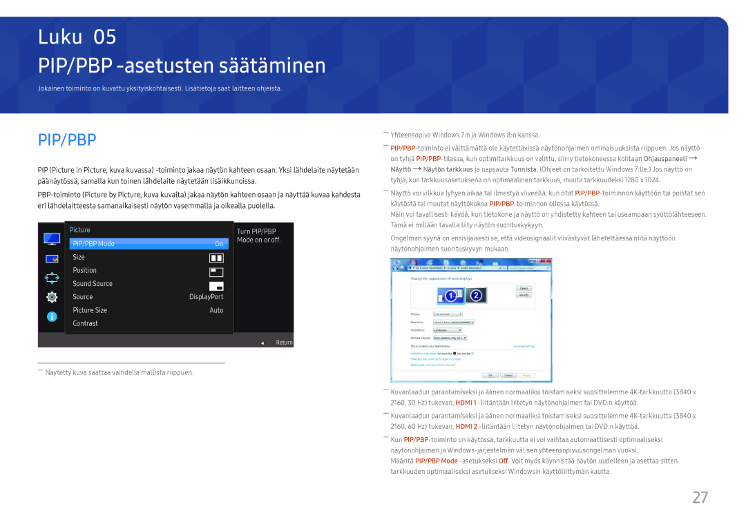 Samsung LU28E570DS/EN manual PIP/PBP -asetusten säätäminen, Pip/Pbp 