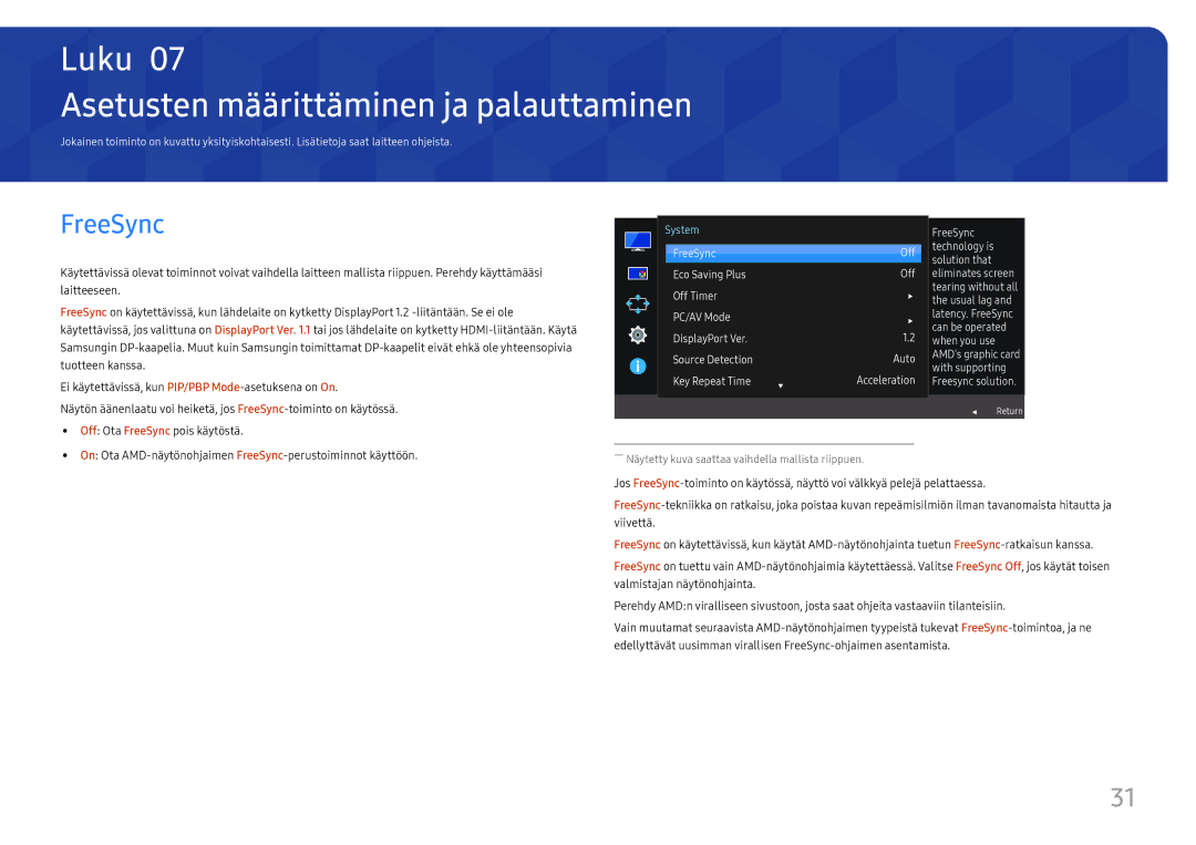 Samsung LU28E570DS/EN manual Asetusten määrittäminen ja palauttaminen, FreeSync 