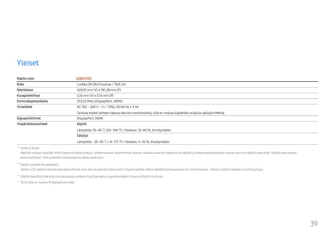 Samsung LU28E570DS/EN manual Tekniset tiedot, Yleiset 