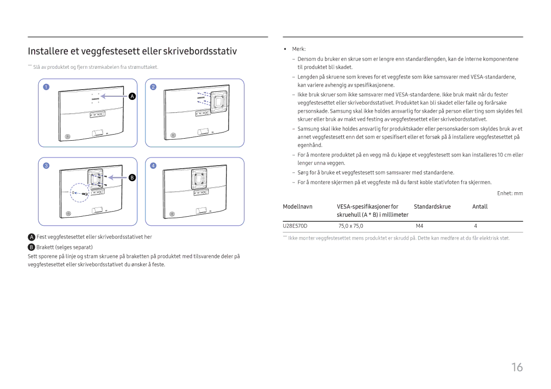 Samsung LU28E570DS/EN manual Installere et veggfestesett eller skrivebordsstativ, U28E570D 75,0 x 75,0 