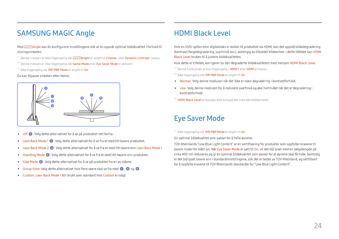 Samsung LU28E570DS/EN manual Samsung Magic Angle, Hdmi Black Level, Eye Saver Mode 