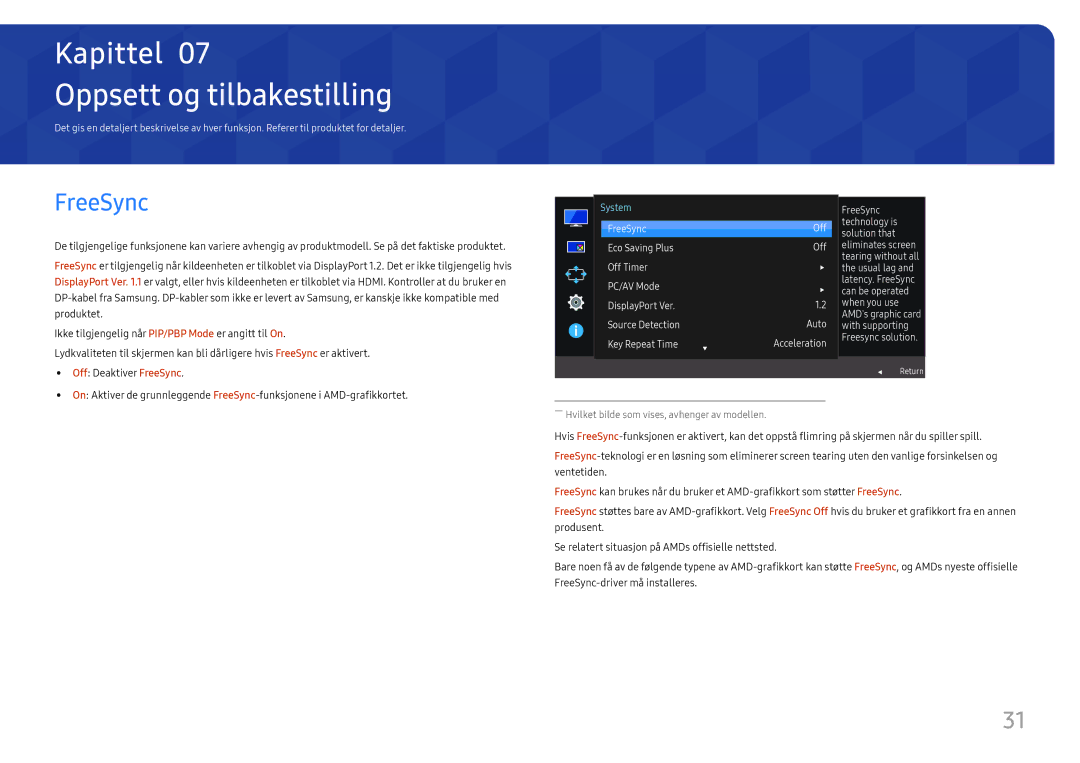 Samsung LU28E570DS/EN manual Oppsett og tilbakestilling, FreeSync 