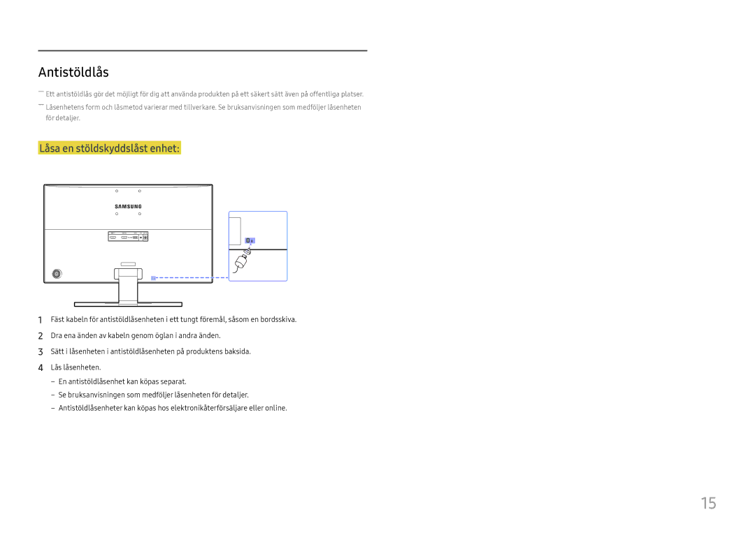 Samsung LU28E570DS/EN manual Antistöldlås, Låsa en stöldskyddslåst enhet 