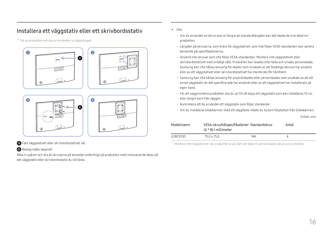 Samsung LU28E570DS/EN manual Installera ett väggstativ eller ett skrivbordsstativ 